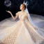 Vintage Champagner Durchsichtige Brautkleider / Hochzeitskleider 2020 Ballkleid Stehkragen Kurze Ärmel Rückenfreies Pailletten Perlenstickerei Glanz Tülle Rüschen Kathedrale Schleppe