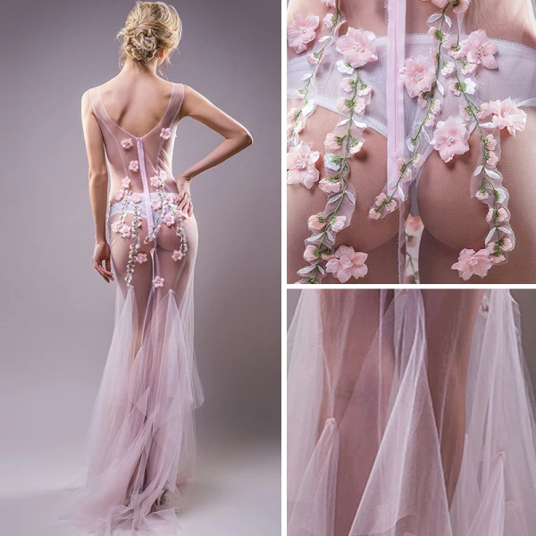 Sexy Blushing Pink See-through Evening Dresses 2018 Trumpet / Mermaid V-Neck Sleeveless Appliques Flower Pearl Sweep Train Ruffle Backless Formal Dresses
