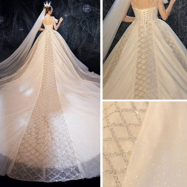 Vintage Champagner Durchsichtige Brautkleider / Hochzeitskleider 2020 Ballkleid Stehkragen Kurze Ärmel Rückenfreies Pailletten Perlenstickerei Glanz Tülle Rüschen Kathedrale Schleppe