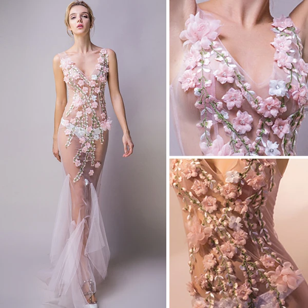 Sexy Blushing Pink See-through Evening Dresses 2018 Trumpet / Mermaid V-Neck Sleeveless Appliques Flower Pearl Sweep Train Ruffle Backless Formal Dresses