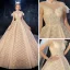 Vintage Champagner Durchsichtige Brautkleider / Hochzeitskleider 2020 Ballkleid Stehkragen Kurze Ärmel Rückenfreies Pailletten Perlenstickerei Glanz Tülle Rüschen Kathedrale Schleppe