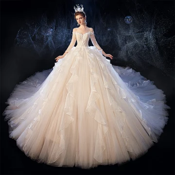 Luxury Gorgeous Champagne See Through Wedding Dresses 2020 Ball Gown Square Neckline 3 4 Sleeve Backless Glitter Organza Appliques Lace Beading Cathedral Train Ruffle