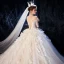 Luxe Champagne Transparentes Robe De Mariée 2020 Robe Boule Encolure Carrée 3/4 Manches Dos Nu Glitter Organza Appliques En Dentelle Perlage Cathedral Train Volants