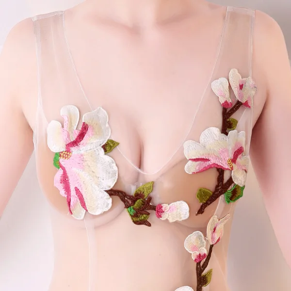 Sexy Ivoire Transparentes Robe De Soirée 2018 Trompette / Sirène V-Cou Sans Manches Appliques En Dentelle Train De Balayage Dos Nu Robe De Ceremonie