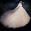 Luxe Champagne Transparentes Robe De Mariée 2020 Robe Boule Encolure Carrée 3/4 Manches Dos Nu Glitter Organza Appliques En Dentelle Perlage Cathedral Train Volants