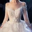 Luxe Champagne Transparentes Robe De Mariée 2020 Robe Boule Encolure Carrée 3/4 Manches Dos Nu Glitter Organza Appliques En Dentelle Perlage Cathedral Train Volants