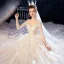 Luxe Champagne Transparentes Robe De Mariée 2020 Robe Boule Encolure Carrée 3/4 Manches Dos Nu Glitter Organza Appliques En Dentelle Perlage Cathedral Train Volants