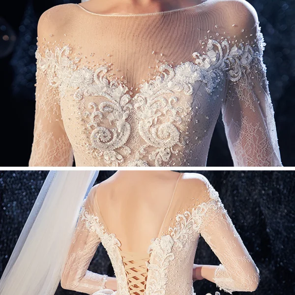Luxe Champagne Transparentes Robe De Mariée 2020 Robe Boule Encolure Carrée 3/4 Manches Dos Nu Glitter Organza Appliques En Dentelle Perlage Cathedral Train Volants