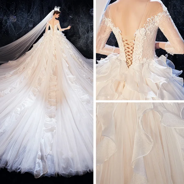 Luxe Champagne Transparentes Robe De Mariée 2020 Robe Boule Encolure Carrée 3/4 Manches Dos Nu Glitter Organza Appliques En Dentelle Perlage Cathedral Train Volants