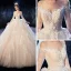 Luxe Champagne Transparentes Robe De Mariée 2020 Robe Boule Encolure Carrée 3/4 Manches Dos Nu Glitter Organza Appliques En Dentelle Perlage Cathedral Train Volants