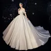 High-end Ivory Satin Wedding Dresses 2020 A-Line / Princess Off-The-Shoulder Short Sleeve Backless Beading Chapel Train Ruffle