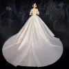 High-end Ivory Satin Wedding Dresses 2020 A-Line / Princess Off-The-Shoulder Short Sleeve Backless Beading Chapel Train Ruffle