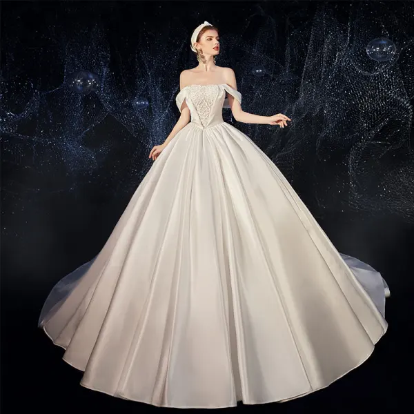 High-end Ivory Satin Wedding Dresses 2020 A-Line / Princess Off-The-Shoulder Short Sleeve Backless Beading Chapel Train Ruffle