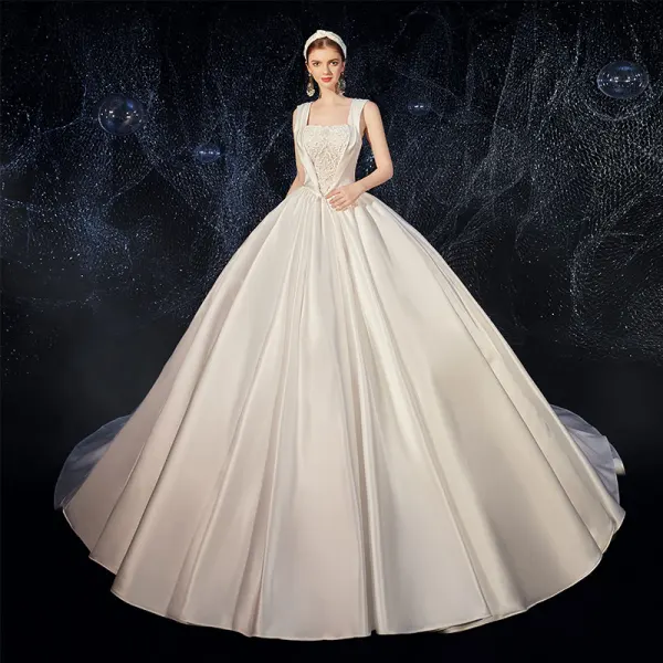 High-end Ivory Satin Wedding Dresses 2020 A-Line / Princess Off-The-Shoulder Short Sleeve Backless Beading Chapel Train Ruffle
