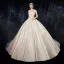 High-end Ivory Satin Wedding Dresses 2020 A-Line / Princess Off-The-Shoulder Short Sleeve Backless Beading Chapel Train Ruffle