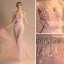 Sexy Blozen Roze Doorzichtige Avondjurken 2018 Trompet / Zeemeermin Mouwloos Spaghettibandjes Appliques Kant Kristal Kralen Kwast Sweep Trein Ruche Ruglooze Gelegenheid Jurken