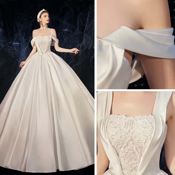 High-end Ivory Satin Wedding Dresses 2020 A-Line / Princess Off-The-Shoulder Short Sleeve Backless Beading Chapel Train Ruffle