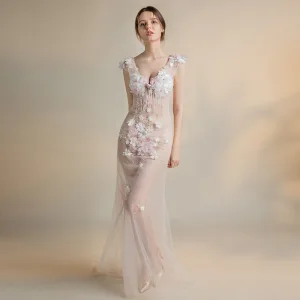 Sexy Ivoire Transparentes Robe De Soirée 2018 Trompette Sirène V Cou Sans Manches Appliques Fleur Perlage Perle Gland Train De Balayage Dos Nu Robe De Ceremonie