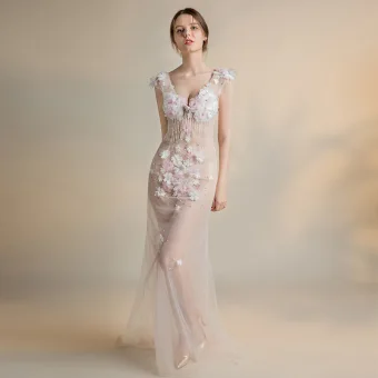Sexy Ivoire Transparentes Robe De Soirée 2018 Trompette Sirène V Cou Sans Manches Appliques Fleur Perlage Perle Gland Train De Balayage Dos Nu Robe De Ceremonie