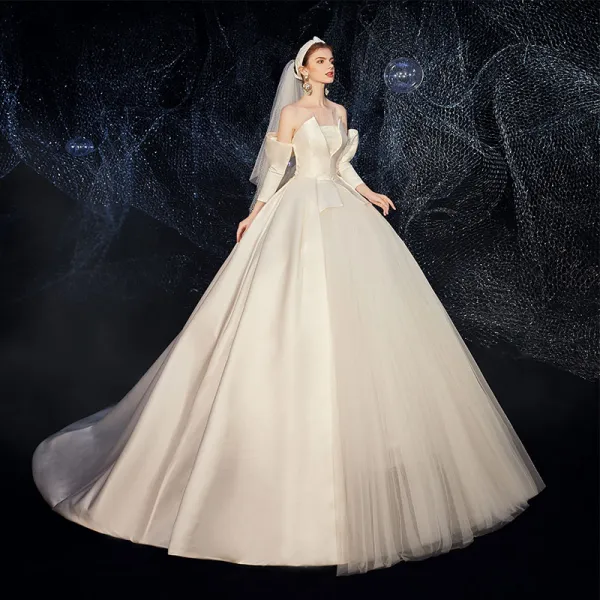 Amazing / Unique Champagne Satin Wedding Dresses 2020 A-Line / Princess Strapless Detachable 3/4 Sleeve Backless Court Train Ruffle