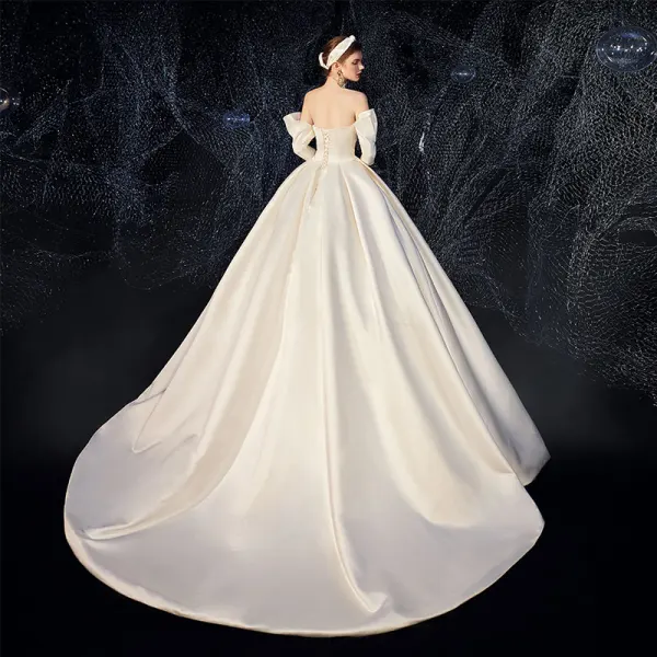 Amazing / Unique Champagne Satin Wedding Dresses 2020 A-Line / Princess Strapless Detachable 3/4 Sleeve Backless Court Train Ruffle