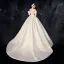 Amazing / Unique Champagne Satin Wedding Dresses 2020 A-Line / Princess Strapless Detachable 3/4 Sleeve Backless Court Train Ruffle