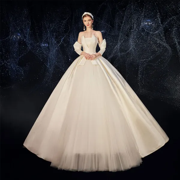 Amazing / Unique Champagne Satin Wedding Dresses 2020 A-Line / Princess Strapless Detachable 3/4 Sleeve Backless Court Train Ruffle
