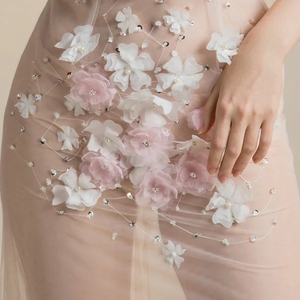 Sexy Ivory See-through Evening Dresses 2018 Trumpet / Mermaid V-Neck Sleeveless Appliques Flower Beading Pearl Tassel Sweep Train Backless Formal Dresses