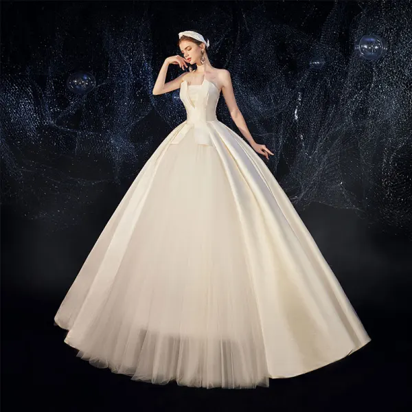 Amazing / Unique Champagne Satin Wedding Dresses 2020 A-Line / Princess Strapless Detachable 3/4 Sleeve Backless Court Train Ruffle