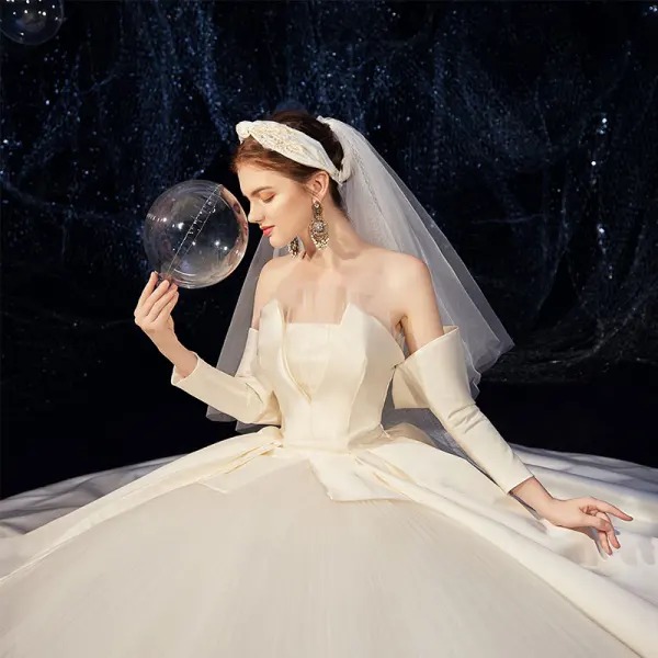 Amazing / Unique Champagne Satin Wedding Dresses 2020 A-Line / Princess Strapless Detachable 3/4 Sleeve Backless Court Train Ruffle