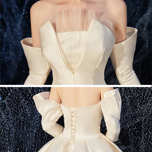 Amazing / Unique Champagne Satin Wedding Dresses 2020 A-Line / Princess Strapless Detachable 3/4 Sleeve Backless Court Train Ruffle