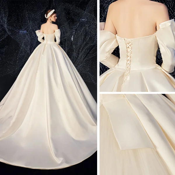 Amazing / Unique Champagne Satin Wedding Dresses 2020 A-Line / Princess Strapless Detachable 3/4 Sleeve Backless Court Train Ruffle
