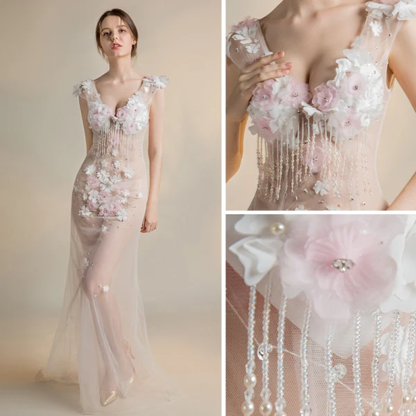 Sexy Ivory See-through Evening Dresses 2018 Trumpet / Mermaid V-Neck Sleeveless Appliques Flower Beading Pearl Tassel Sweep Train Backless Formal Dresses