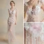 Sexy Ivory See-through Evening Dresses  2018 Trumpet / Mermaid V-Neck Sleeveless Appliques Flower Beading Pearl Tassel Sweep Train Backless Formal Dresses