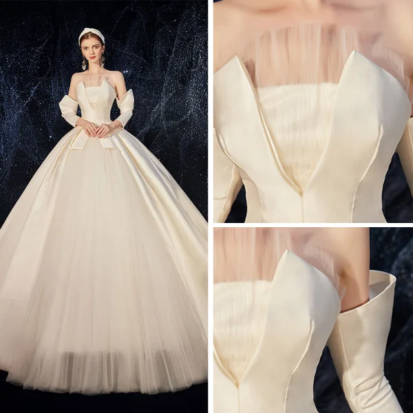 Amazing / Unique Champagne Satin Wedding Dresses 2020 A-Line / Princess Strapless Detachable 3/4 Sleeve Backless Court Train Ruffle