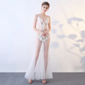 Sexy Ivoire Transparentes Robe De Soirée 2018 Trompette Sirène V Cou Sans Manches Appliques Fleur Faux Diamant Longue Volants Dos Nu Robe De Ceremonie