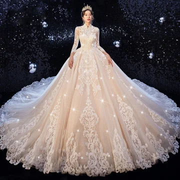 Style Chinois Champagne Robe De Mariée 2020 Robe Boule Col Haut 3 4 Manches Percé Appliques En Dentelle Glitter Tulle Cathedral Train