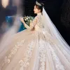 Chinese style Champagne Wedding Dresses 2020 Ball Gown High Neck 3/4 Sleeve Pierced Appliques Lace Glitter Tulle Cathedral Train