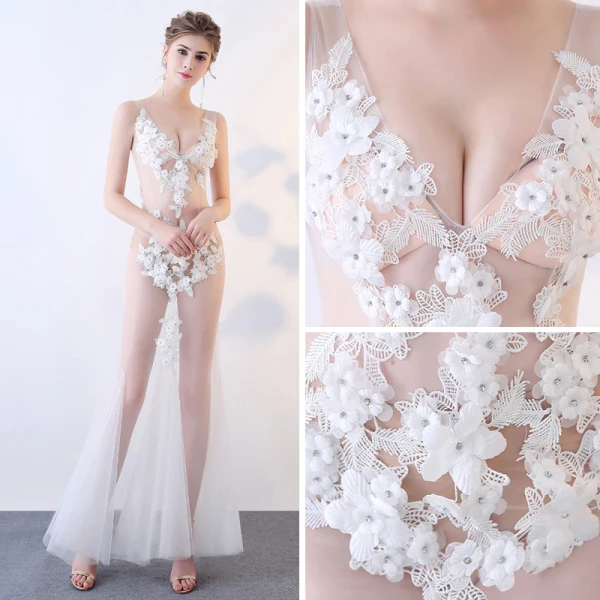 Sexy Ivoire Transparentes Robe De Soirée 2018 Trompette / Sirène V-Cou Sans Manches Appliques Fleur Faux Diamant Longue Volants Dos Nu Robe De Ceremonie