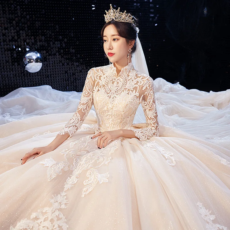 Chinese Style Champagne Wedding Dresses 2020 Ball Gown High Neck 3 4 Sleeve  Pierced Appliques Lace Glitter Tulle Cathedral Train