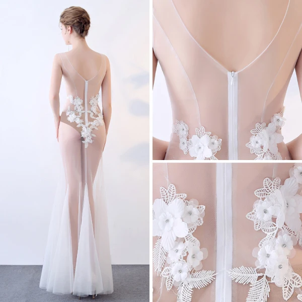 Sexy Ivoire Transparentes Robe De Soirée 2018 Trompette / Sirène V-Cou Sans Manches Appliques Fleur Faux Diamant Longue Volants Dos Nu Robe De Ceremonie