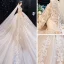 Style Chinois Champagne Robe De Mariée 2020 Robe Boule Col Haut 3/4 Manches Percé Appliques En Dentelle Glitter Tulle Cathedral Train