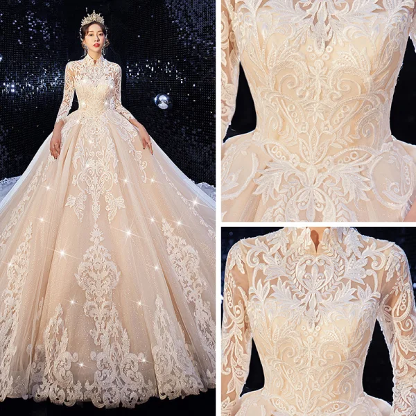 Style Chinois Champagne Robe De Mariée 2020 Robe Boule Col Haut 3/4 Manches Percé Appliques En Dentelle Glitter Tulle Cathedral Train