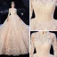 Style Chinois Champagne Robe De Mariée 2020 Robe Boule Col Haut 3/4 Manches Percé Appliques En Dentelle Glitter Tulle Cathedral Train
