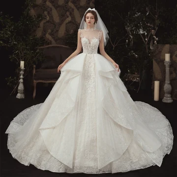 Luxe Champagne Transparentes Robe De Mariée 2020 Robe Boule Col Haut Sans Manches Dos Nu Appliques En Dentelle Perlage Royal Train Volants