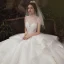 Luxury / Gorgeous Champagne See-through Wedding Dresses 2020 Ball Gown High Neck Sleeveless Backless Appliques Lace Beading Royal Train Ruffle