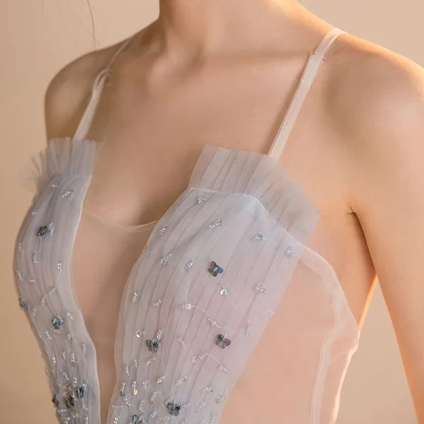 Sexy Himmelblau Durchsichtige Partykleider 2018 A Linie Ärmellos Spaghettiträger Perlenstickerei Kurze Rüschen Rückenfreies Festliche Kleider