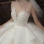 Luxury / Gorgeous Champagne See-through Wedding Dresses 2020 Ball Gown High Neck Sleeveless Backless Appliques Lace Beading Royal Train Ruffle