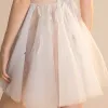 Sexy Sky Blue See-through Party Dresses 2018 A-Line / Princess Sleeveless Spaghetti Straps Beading Short Ruffle Backless Formal Dresses