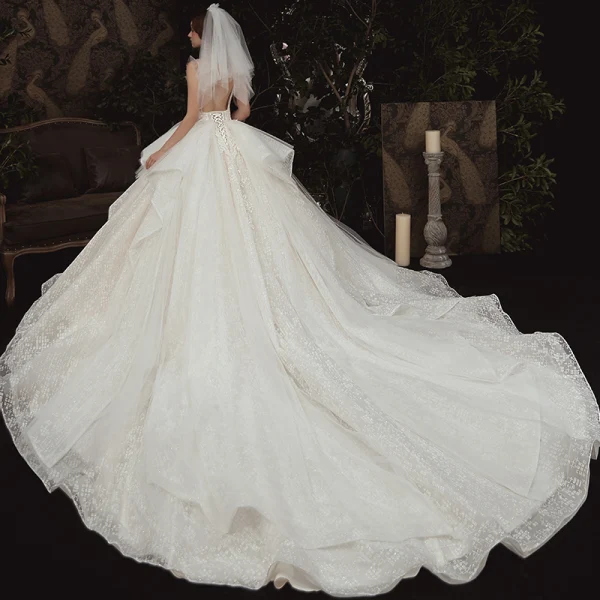 Luxury / Gorgeous Champagne See-through Wedding Dresses 2020 Ball Gown High Neck Sleeveless Backless Appliques Lace Beading Royal Train Ruffle
